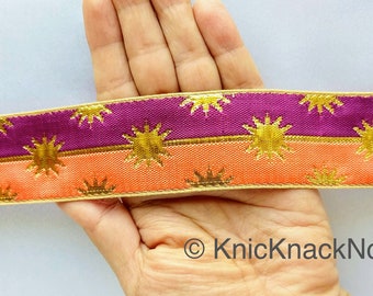 60mm Wide Indian Sari Trim Craft Ribbon Trim By 9 Yards Wholesale Jacquard Floral Border in Fuchsia Pink And Bronze Lace Trim Approx