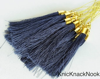 Nylon Tassels x 12 Tassel Charms Midnight Blue Tassels With Gold Cap And Beads