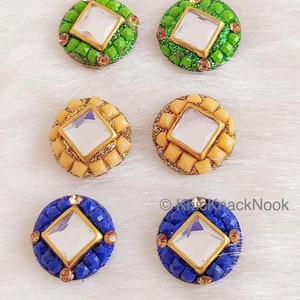 Mirror Effect Lacquer Buttons: Indian Ethnic Style, Gold/Blue/Green (15mm, 5pc)