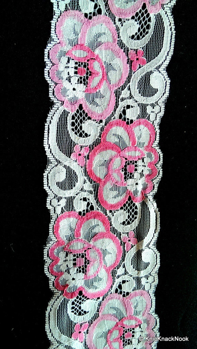 White And Pink Rose Floral Net Lace Trim Ribbon 85mm wide image 1