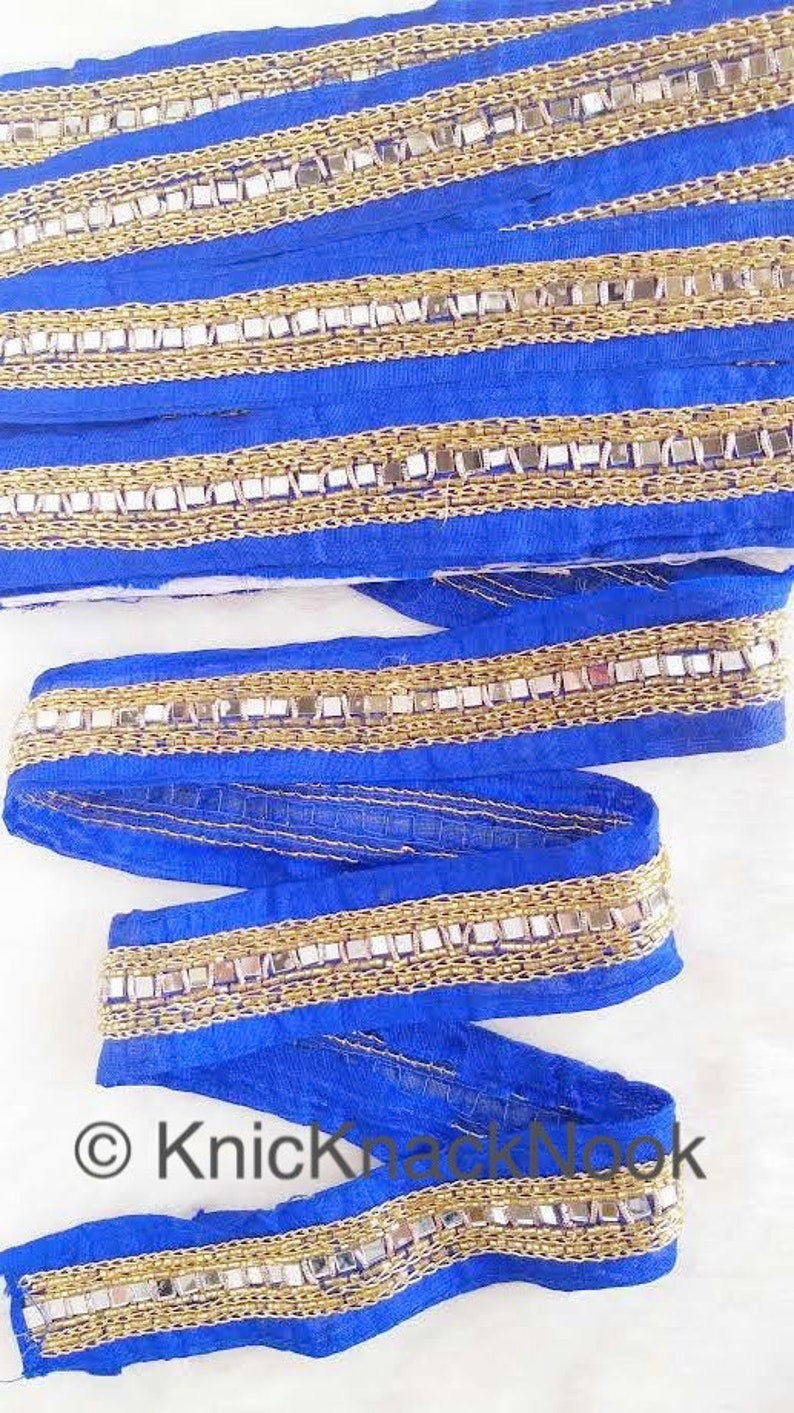 Royal Blue Fabric Trim With Mirrors Embellishments Gold Beads Etsy