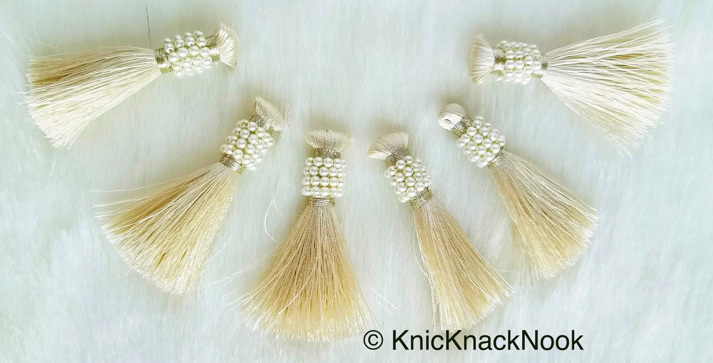 White Color Thread Tassels With Beads Set Of 2