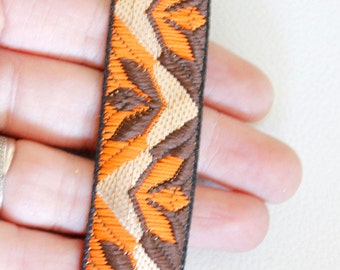 Orange, Brown And Beige Embroidery Fabric Lace Trim, Approx. 25mm Wide