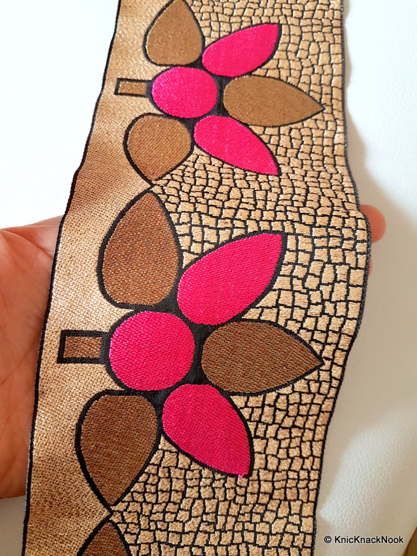 Fuchsia Pink Gold and Bronze Flowers Embroidery Lace Trim Etsy