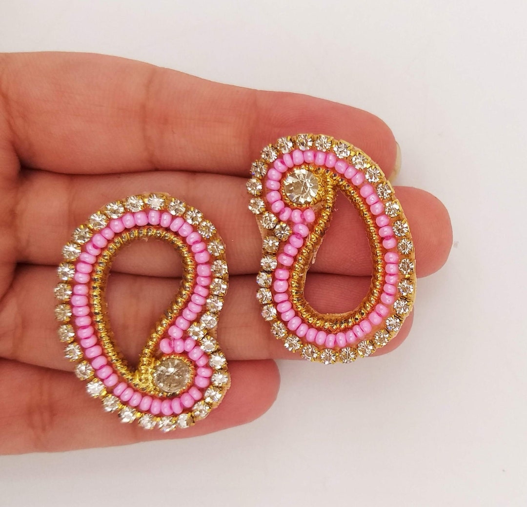 Buy 5 Paisley Appliques in Pink Seed Beads and Rhinestones, Gold