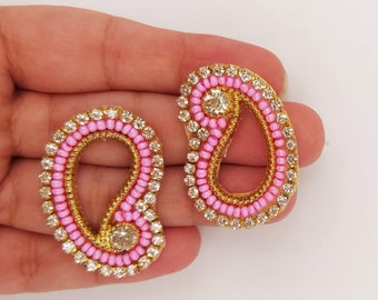 Pink Seed Bead Paisley Appliques: Rhinestone Embellishments (35mm)