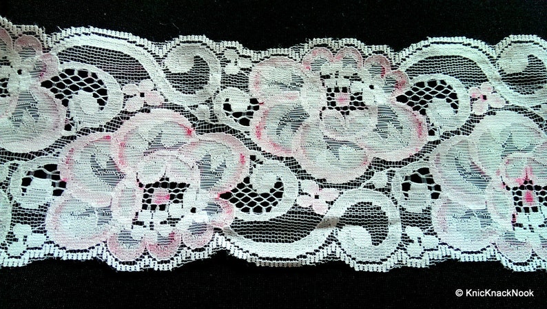 White And Pink Rose Floral Net Lace Trim Ribbon 85mm wide image 3