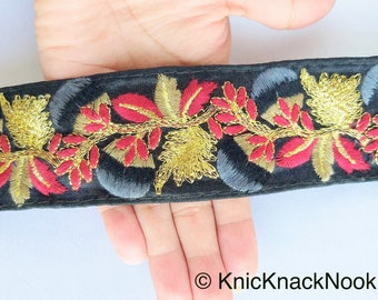 Black Art Silk, Fabric Trim With Grey, Black, Brown, Maroon & Gold Floral Embroidery, Indian, Approx. 52mm wide