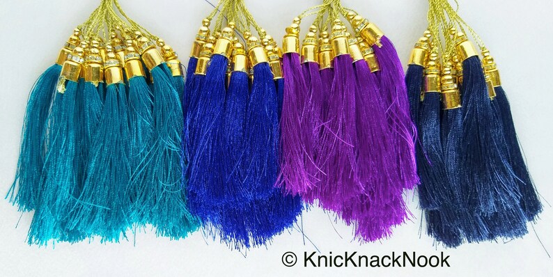Nylon Tassels x 12 Tassel Charms Midnight Blue Tassels With Gold Cap And Beads