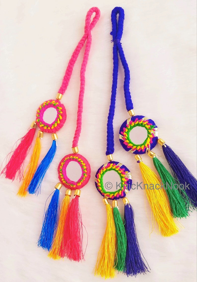 Pink / Blue Braid With Pink / Green, Yellow and Blue Tassels with Mirror Embellishments,Bohemian Tassels, Indian Tassels, Festival Tassels image 1