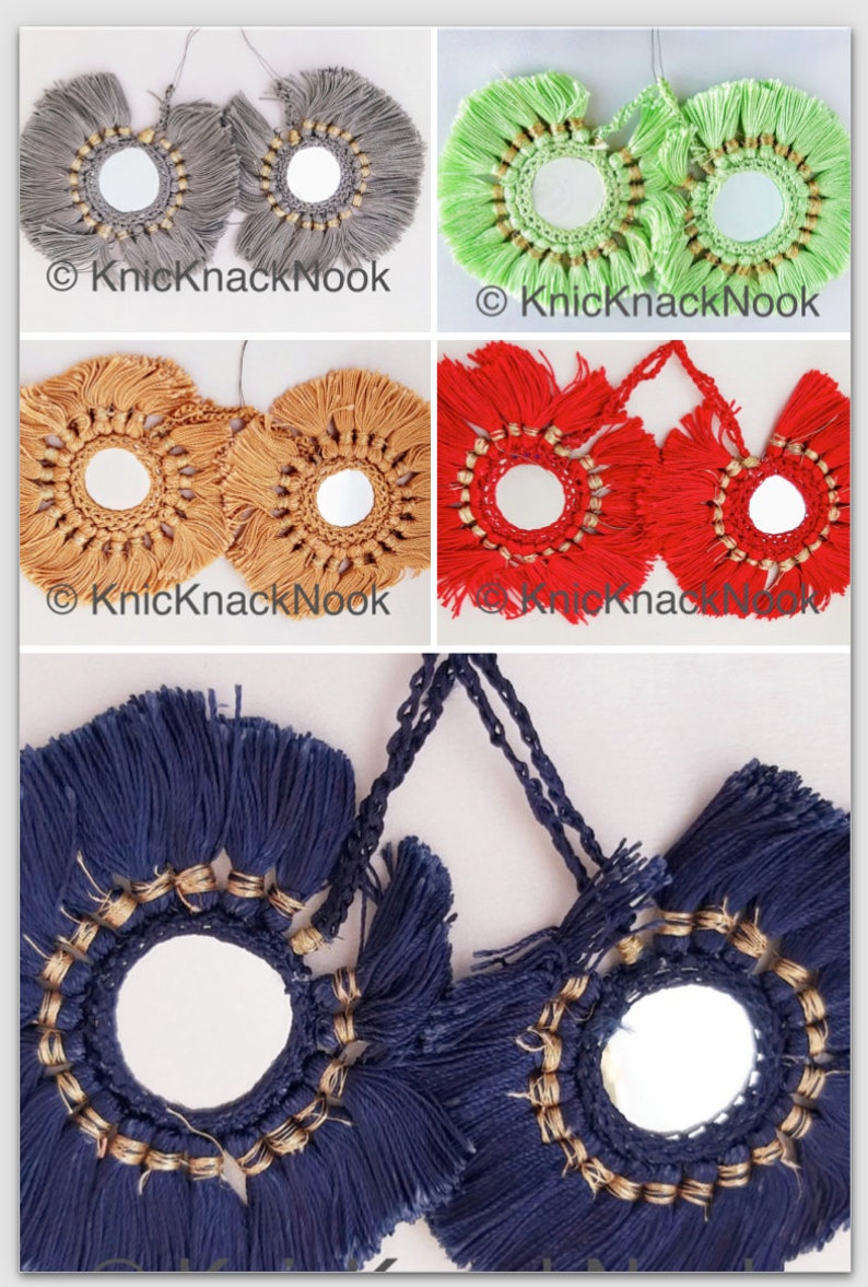 Mirrored Tassels In Grey / Green / Brown / Red / Blue, Crochet Mirror Tassel, Handmade Latkan Boho, Ethnic, Danglers with Mirror image 1