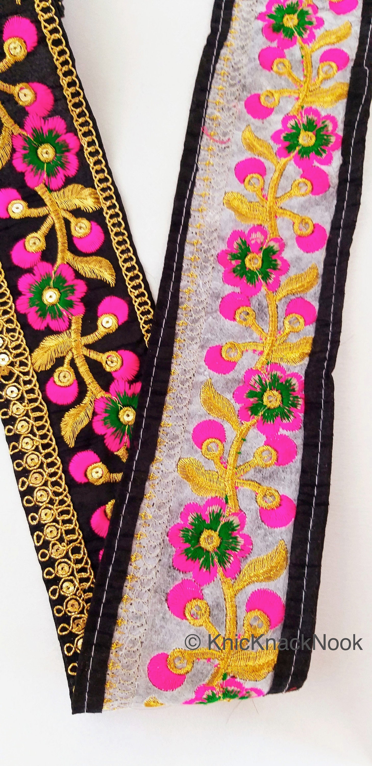 Black Art Silk Trim With Gold and Pink Embroidered Flowers | Etsy