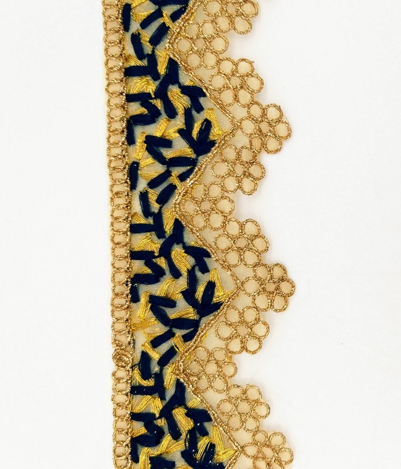 Gold Sheer Tissue Fabric Cutwork Trim with Embroidery in Gold and Navy Blue Scallop Trim Trim By Yard Fringe Trim