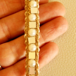 Silver Woven Thread Lace Trim With Mirror And Pearl Embellishments, Approx. 12mm Wide