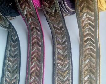 Yellow / Purple / Fuchsia Pink / Black Silk Fabric Trim With Gold Embroidery - 200317L274/75/76/77