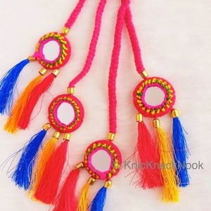 Pink / Blue Braid With Pink / Green, Yellow and Blue Tassels with Mirror Embellishments,Bohemian Tassels, Indian Tassels, Festival Tassels image 3