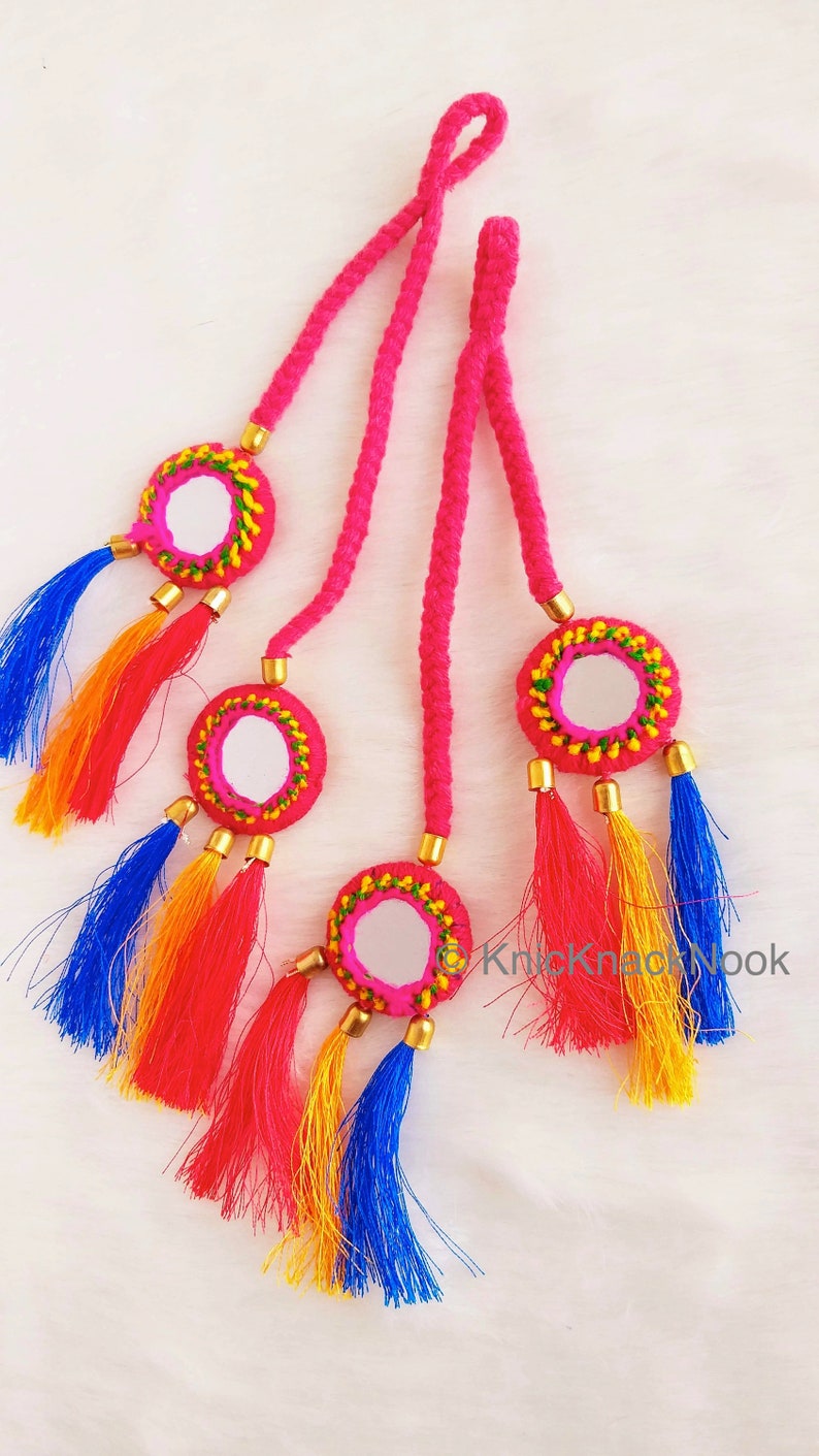 Pink / Blue Braid With Pink / Green, Yellow and Blue Tassels with Mirror Embellishments,Bohemian Tassels, Indian Tassels, Festival Tassels image 3