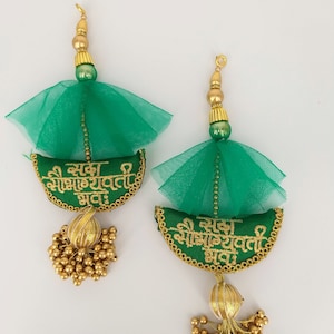 Green Art Silk Fabric Tassel With Antique Gold Embroidery & Beads, Wedding Lehenga, Dress Blouses, Indian Embellishment