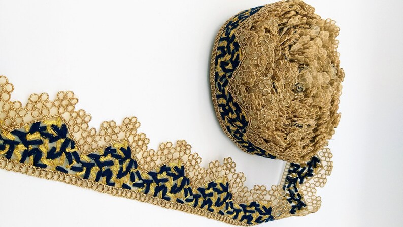 Gold Sheer Tissue Fabric Cutwork Trim with Embroidery in Gold and Navy Blue Scallop Trim Trim By Yard Fringe Trim