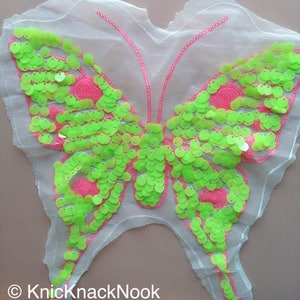 Neon Pink And Neon Yellow Sequins Butterfly On Net, Appliqué Patches x 1 - 200317A118B
