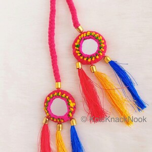 Pink / Blue Braid With Pink / Green, Yellow and Blue Tassels with Mirror Embellishments,Bohemian Tassels, Indian Tassels, Festival Tassels Pink