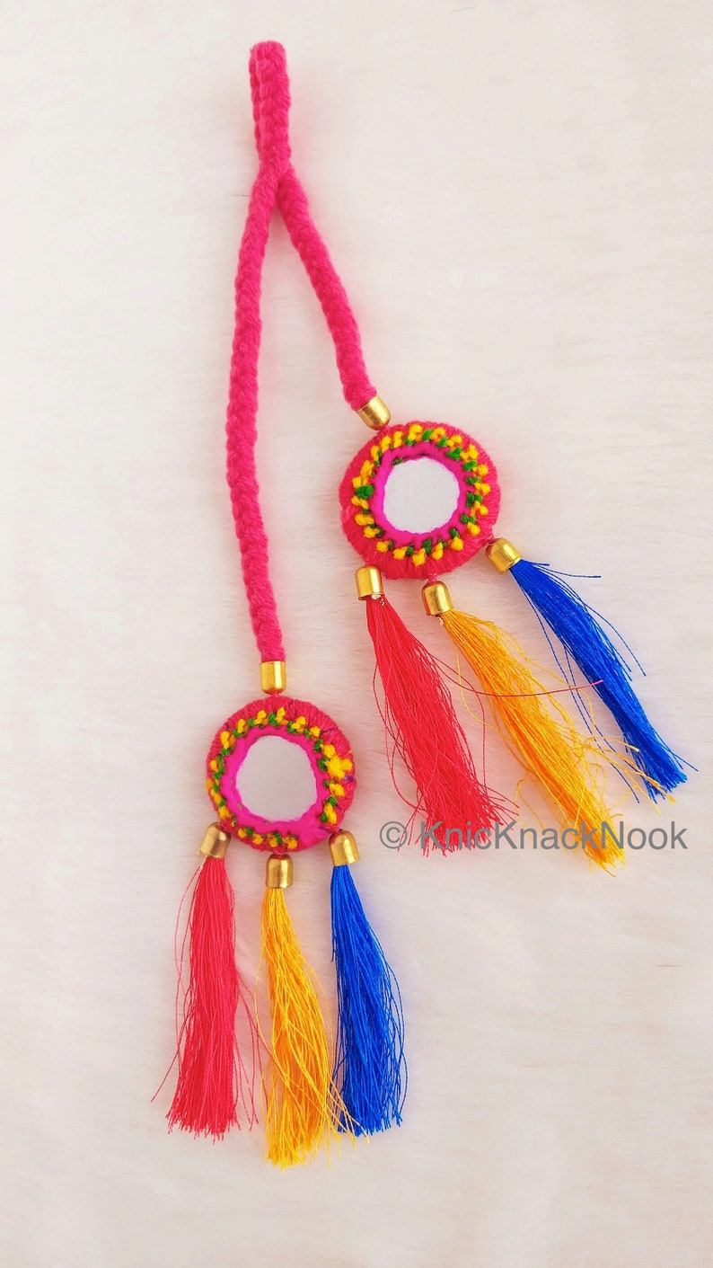 Pink / Blue Braid With Pink / Green, Yellow and Blue Tassels with Mirror Embellishments,Bohemian Tassels, Indian Tassels, Festival Tassels Pink