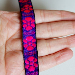 Blue Fabric Trim With Fuchsia Pink Floral Embroidery Thread Lace Trim, 15mm wide - 140316L65