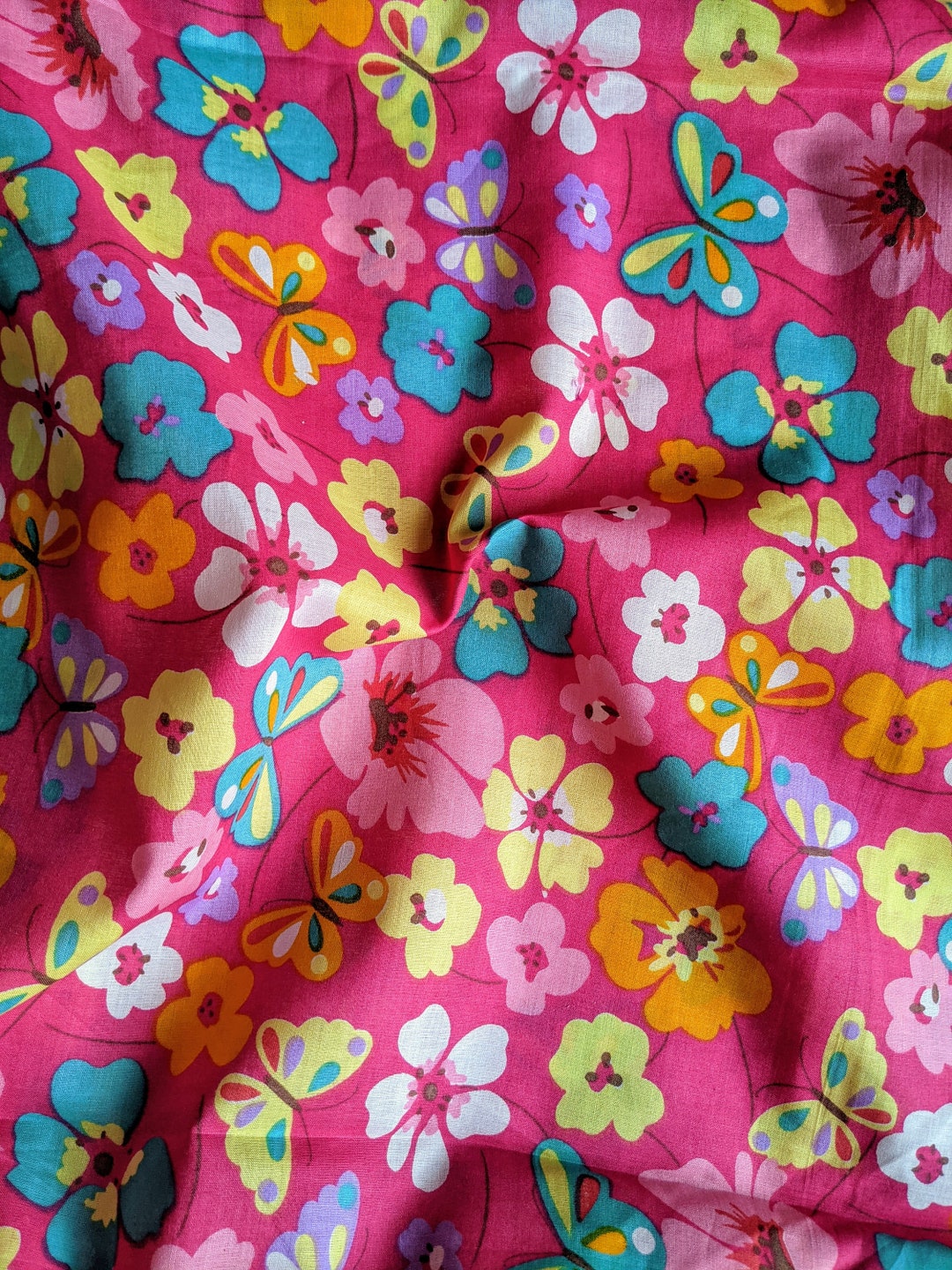 Pink Cotton Voile Floral Butterfly Fabric, Floral Print Fabric ...