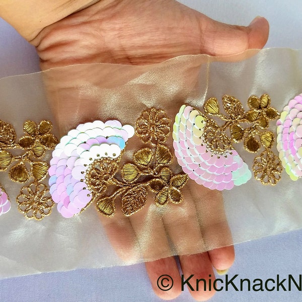 Gold Sheer Fabric Trim With Antique Gold Floral Embroidery And Pink White Two Tone Sequins Embellishments, Approx. 95mm Wide - 210119L124