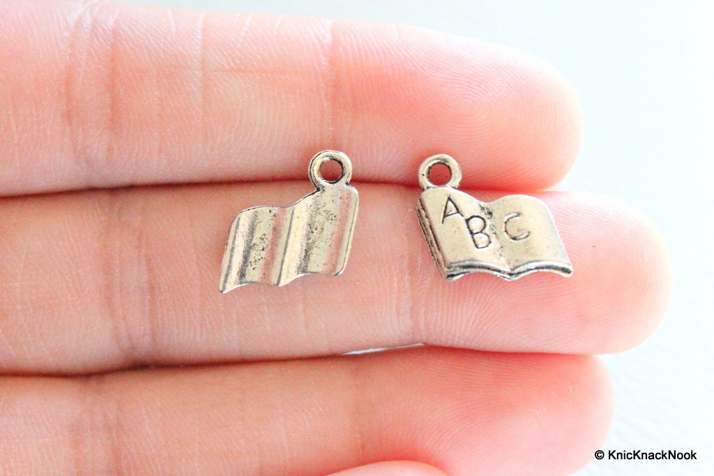 Tiny Book Charms Book Pendants Antiqued Silver Tone 12 X 12 Mm 