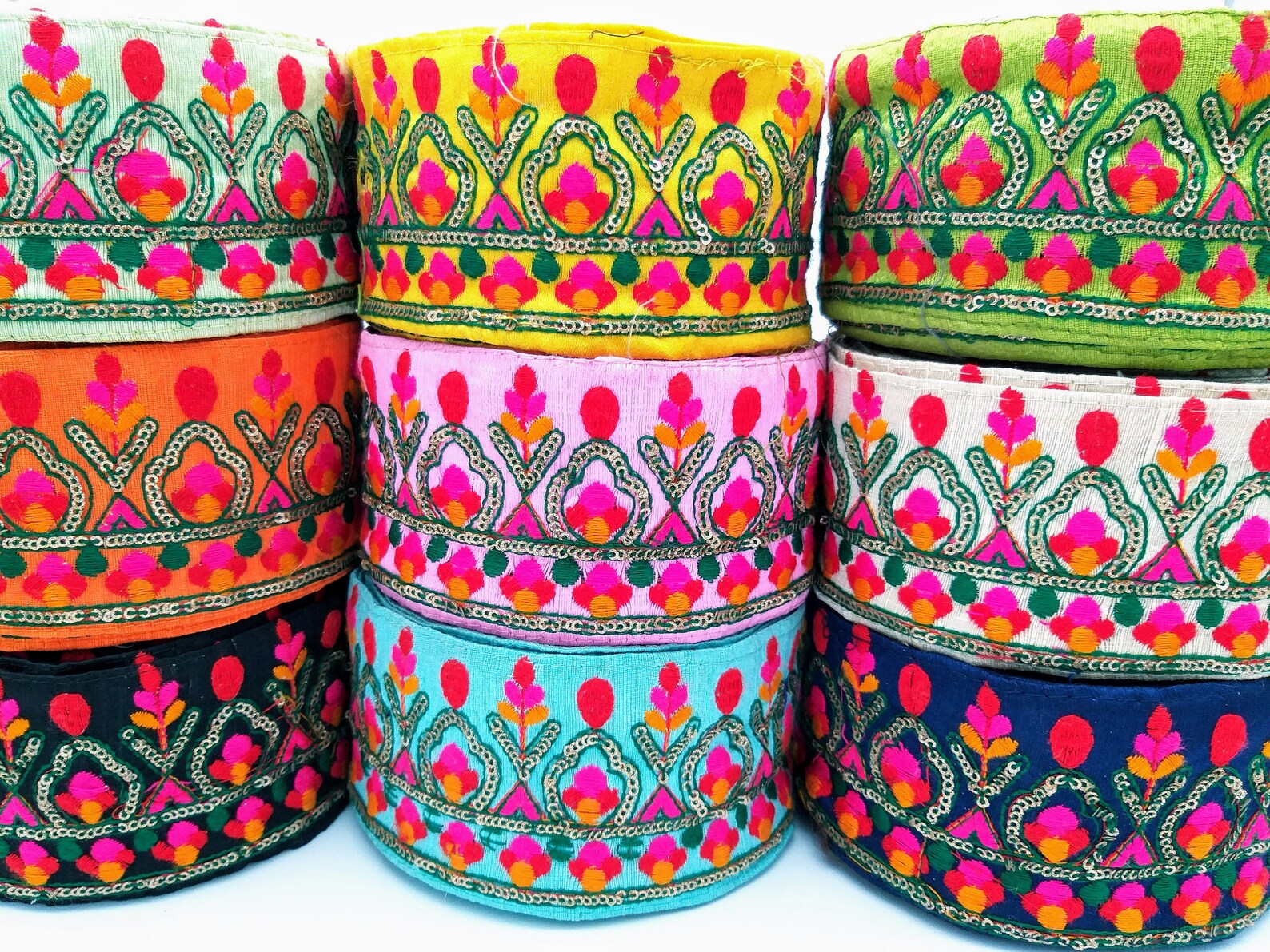 Yellow Fabric Trim With Green Fuchsia Pink Red and Yellow Etsy UK