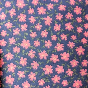 Blue Polycotton Fabric: Pink Flower Garden Print, Quilting Fabric