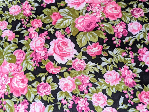 Black and Pink 100 % Cotton Rose Floral Fabric, Floral Print