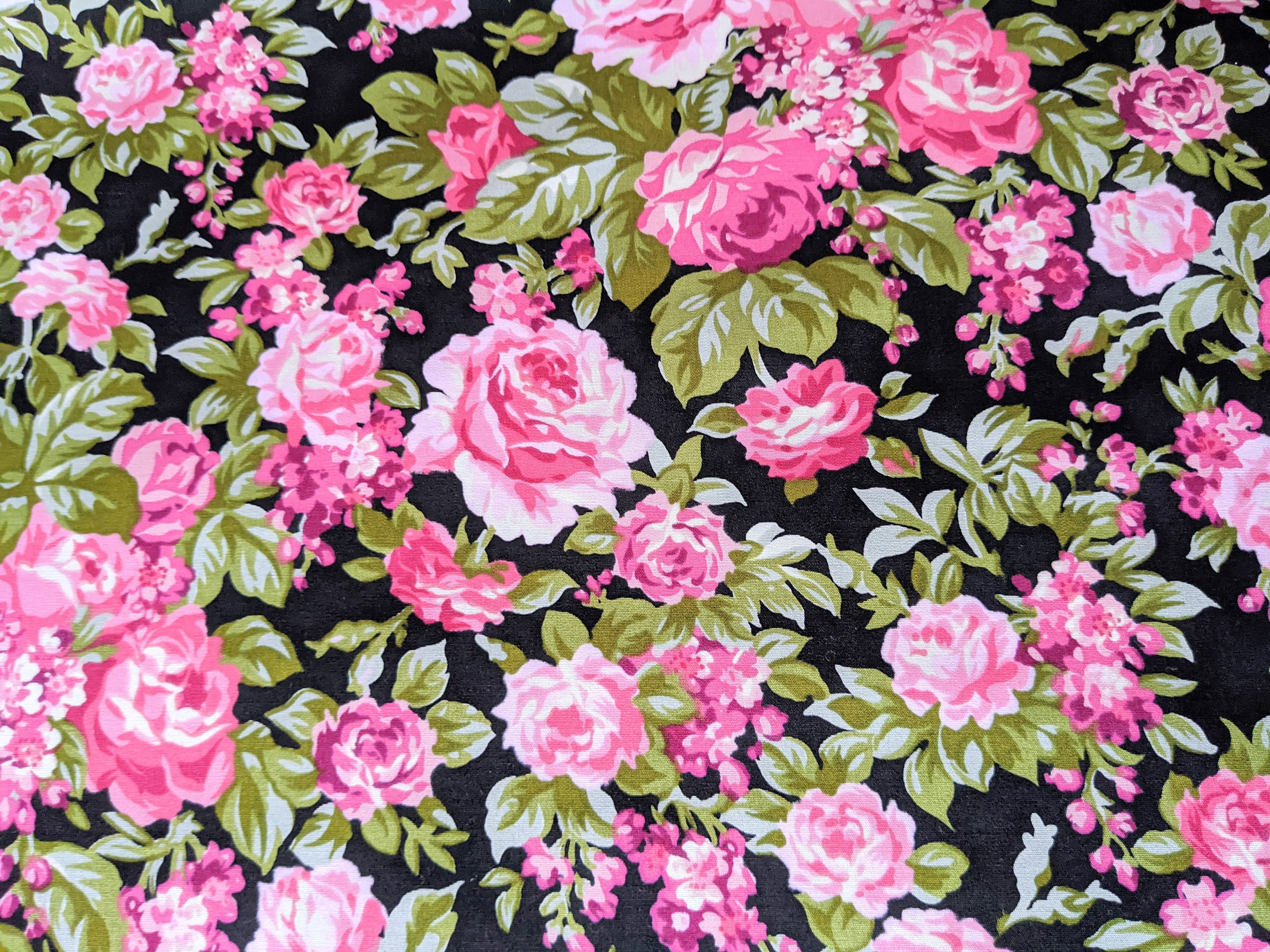 Black and Pink 100 % Cotton Rose Floral Fabric Floral Print - Etsy Israel