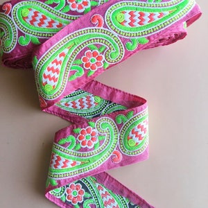 Blue / Pink Fabric Trim With Green, Pink And White Floral Embroidery, 68mm wide 200317L510/11 image 5