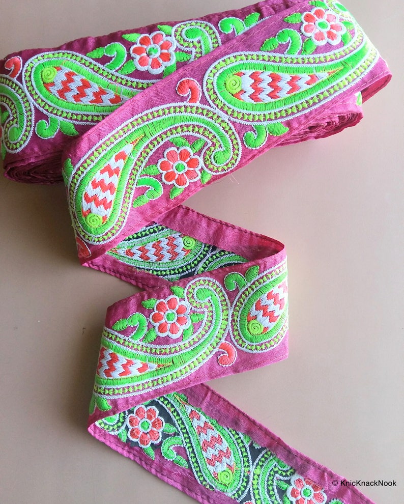 Blue / Pink Fabric Trim With Green, Pink And White Floral Embroidery, 68mm wide 200317L510/11 image 5
