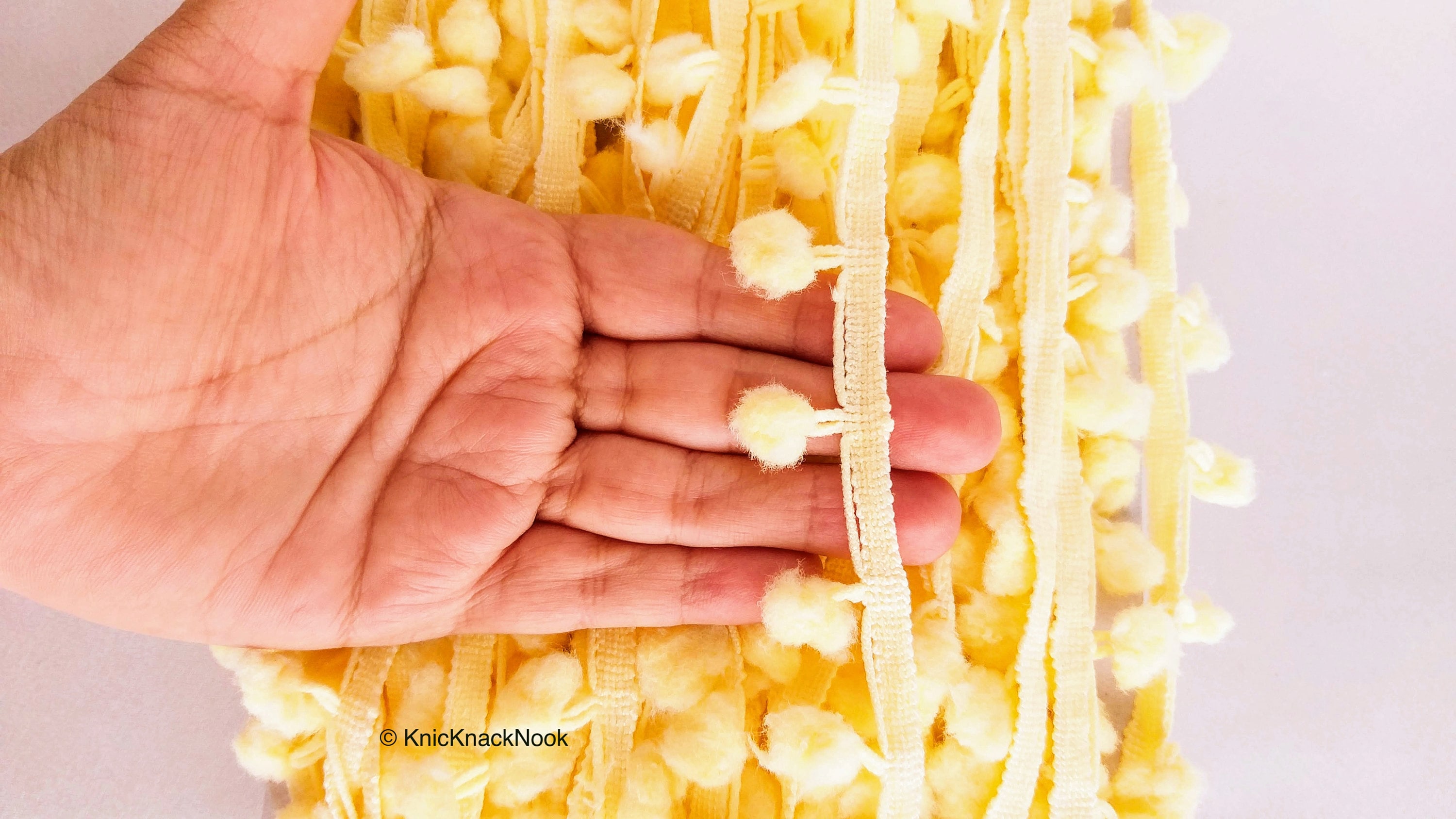 Light Yellow Pom Pom Fringe Trim: 24mm Bohemian Tassels