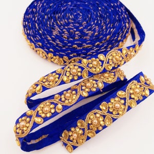 Royal Blue Silk Fabric Lace Trim Floral Embroidery & Indian Stones Kundan Embellishment, Decorative Sari Trim, Floral Border Trim By Yard