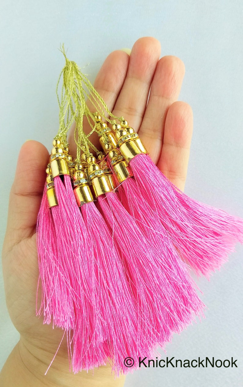 Carnation Pink Tassels With Gold Cap And Beads, Tassel Charms, N