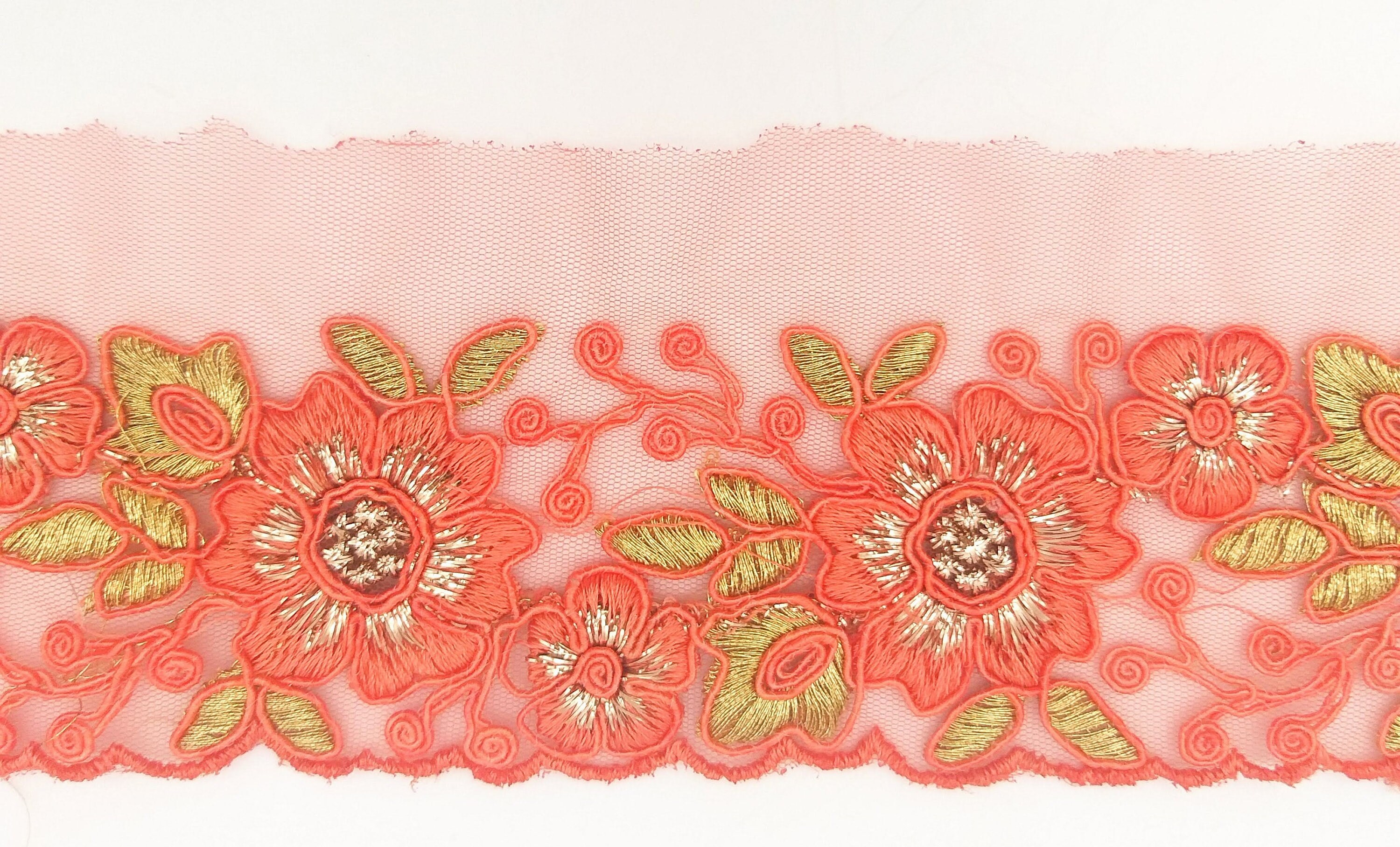 Flamingo Orange Net Fabric Lace Trim With Floral Embroidery in Orange and  Gold, Lace Trim, Sari Border, Embroidered Trim, Trim by Yard -  Canada