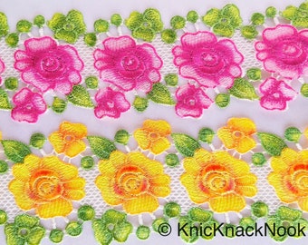 Gelb/Rosa, Grün und Weiß bestickte Blumenspitze, ca. 80mm breit