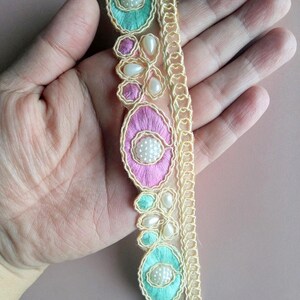 Pastel Pearl Lace Trim, Purple And Green Embroidered Lace With FlatBack White Beads Embellishments, Approx. 30mm Wide
