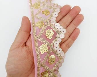 Pink Tissue Embroidered Trim, Gold Sequins Trim Decorative Lace Sari Border Costume Ribbon Crafting Sewing Tape, 1 yard