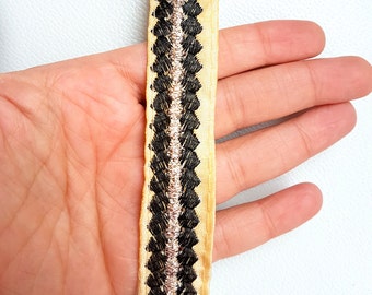 Beige Fabric Trim With Black And Gold Thread Embroidery Lace Trim, Approx. 25mm Wide