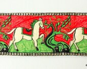Beige Fabric Trim With Running Horse Embroidery, Beige, Red And Green Embroidered Trim, 95mm wide - 140316L212