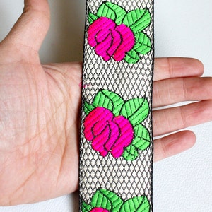 Black And White Lace With Fuchsia Pink Rose And Green Leaves Floral Trim, Approx. 47mm wide