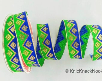 Floral Jacquard Trim Decorative Trim Fashion Trim, Ribbon Sash, Indian Trim, Gold Brocade Weave, Green And Blue Trim