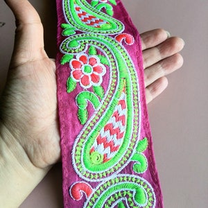 Blue / Pink Fabric Trim With Green, Pink And White Floral Embroidery, 68mm wide 200317L510/11 image 4