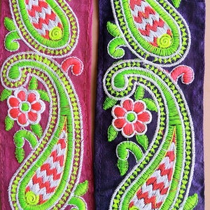 Blue / Pink Fabric Trim With Green, Pink And White Floral Embroidery, 68mm wide 200317L510/11 image 1