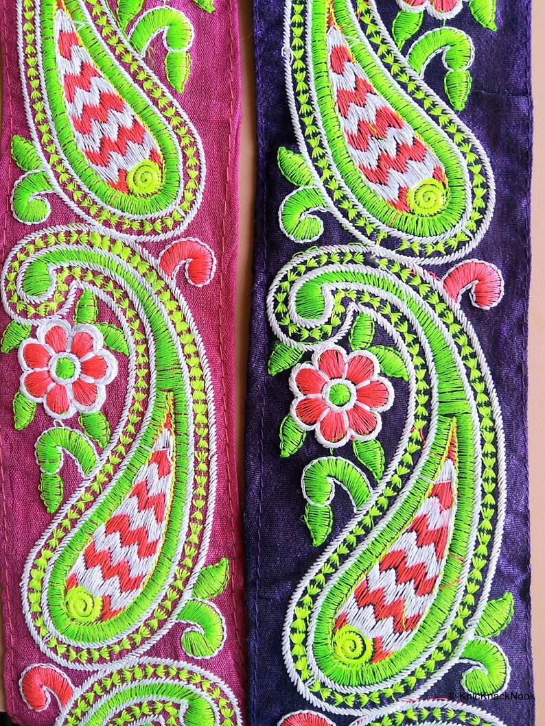 Blue / Pink Fabric Trim With Green, Pink And White Floral Embroidery, 68mm wide 200317L510/11 image 1